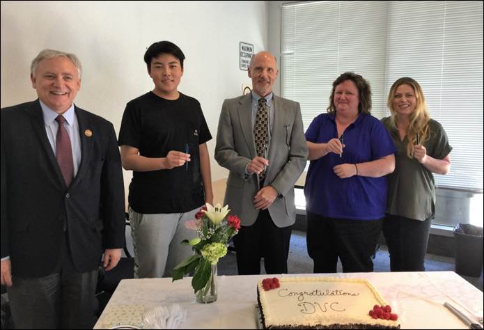 Chancellor Fred Wood, Chis Liu (President of the ASDVC), Ted Wieden (President of the College), Beth McBrien (President of the Academic Senate), and Rene Savage (Vice President of the Classified Senate)