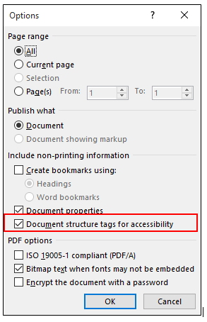 Document structure tags for accessibility button