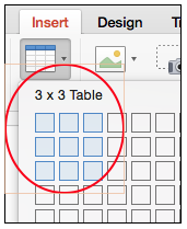 Insert table dimensions