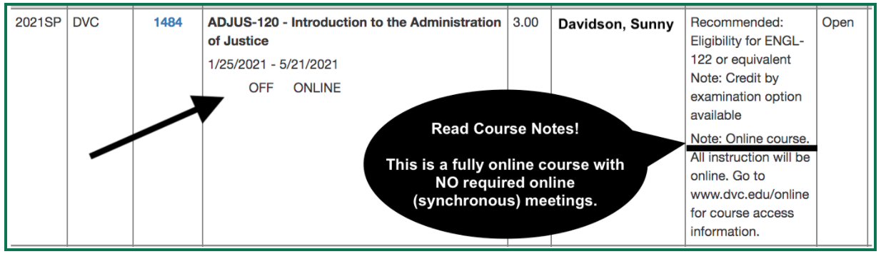 screenshot of schedule with arrow pointing to "Note: Online course."