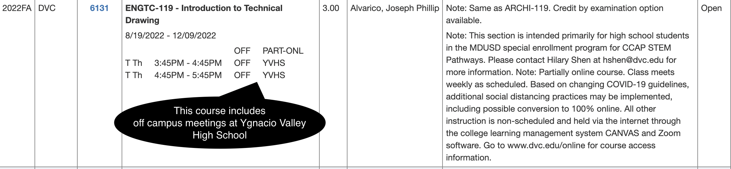 screenshot of off campus course notes listing days, times, and location as "OFF" "YVHS" (Ygnacio Valley High School)