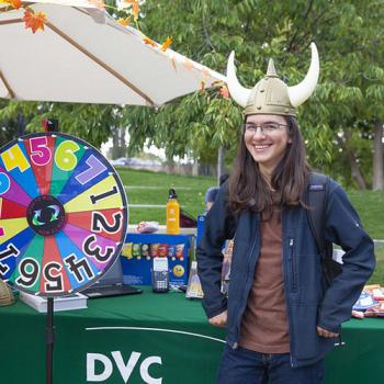 DVC student wearing viking helmet