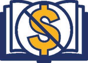 Icon of a yellow dollar sign, crossed out and superimposed over a blue textbook