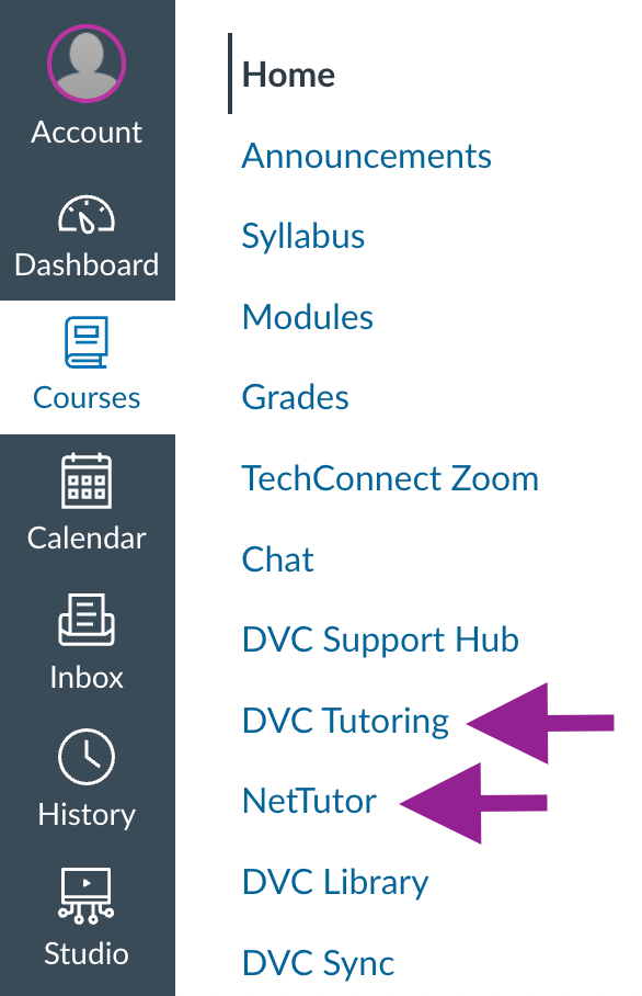 Canvas navigation menu with arrows pointing to DVC Tutoring and NetTutor