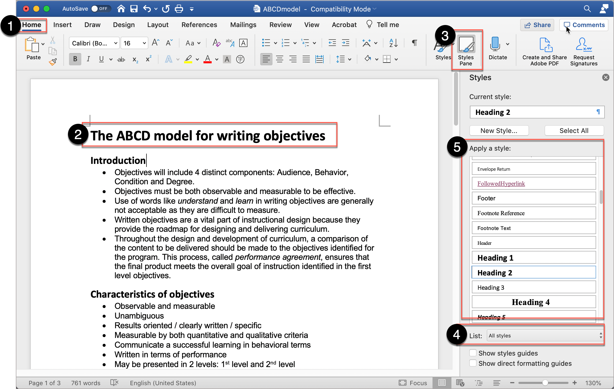 Adding headings in Word 2019 for Mac