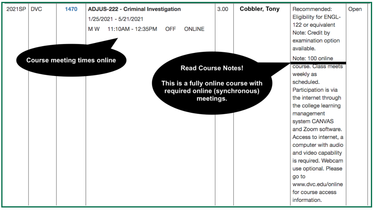 screenshot of schedule with arrow pointing to "Note: 100 online course. Class meets weekly as scheduled"