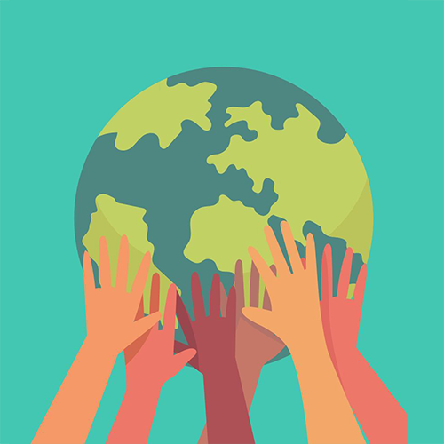 Hands holding earth, graphic