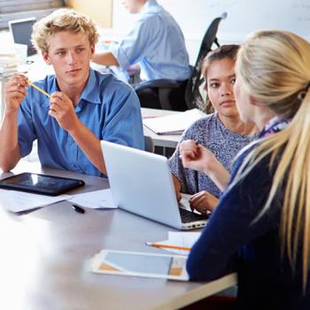 Students working together in class.