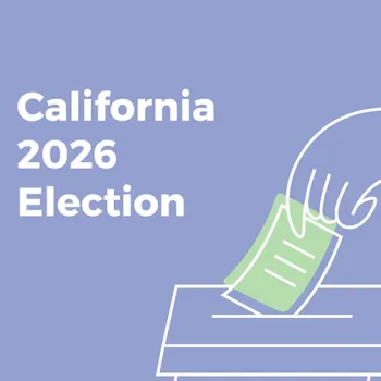 California 2026 Election events graphic logo - cartoon hand-figure dropping ballot into box