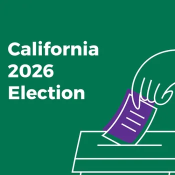 California 2026 Election events graphic logo - cartoon hand-figure dropping ballot into box