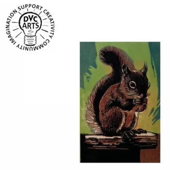 Intention and Process event graphic - cartoon squirrel across from DVC Arts logo